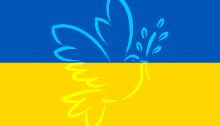 Ääriviivapiirros rauhankyyhkystä, jonka taustalla Ukrainan lipun värit.