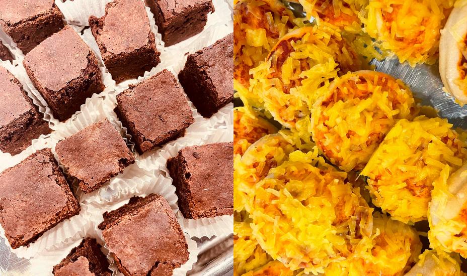 Kaksi erilaista tarjottavaa vierekkäin: vasemmalla suklaisia brownie-leivoksia valkoisissa paperivuoissa, oikealla juustolla kuorrutettuja suolaisia leivonnaisia.